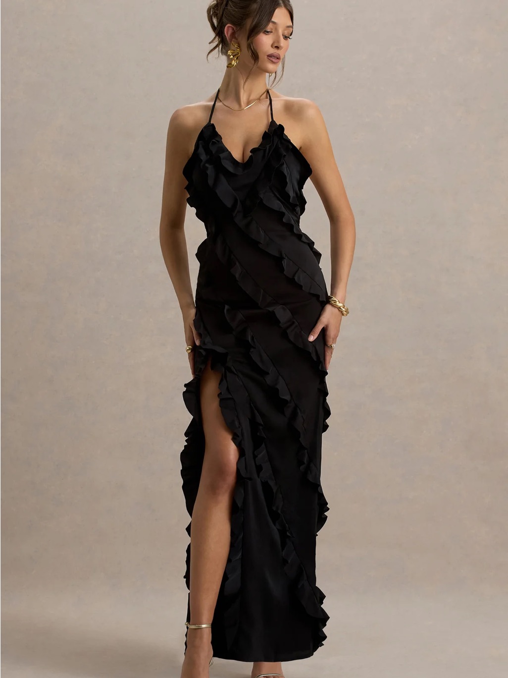 Club L London Black Ruffle Halter Maxi Dress High Slit Evening Gown Uk12 Us8